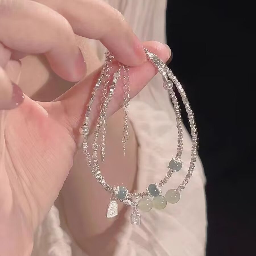 Fashionable Light-luxury Jade And Silver Nugget Bracelet