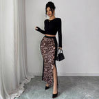 Womens Leopard-Print Patchwork High-Waist Bodycon Split Skirt