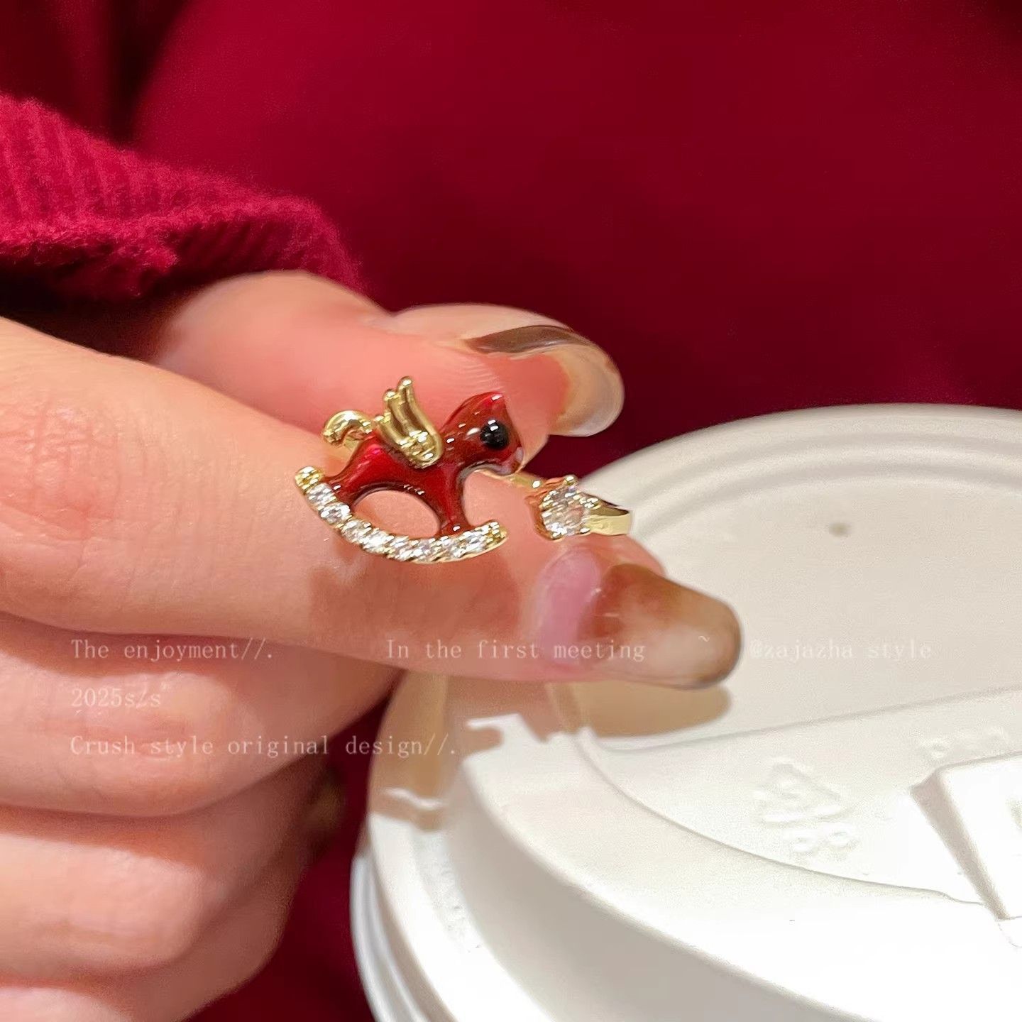Wearsmartii Women'S Sweet Red Enamel Pony Ring With Sparkling Diamonds
