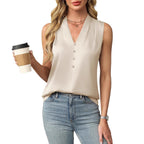 Womens Satin Button V-Neck Sleeveless Top