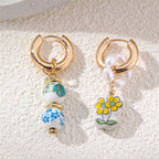 Wearsmartii Blue and White Porcelain Floral Pearl Earrings - Vintage Copper Clip-on Ear Clips