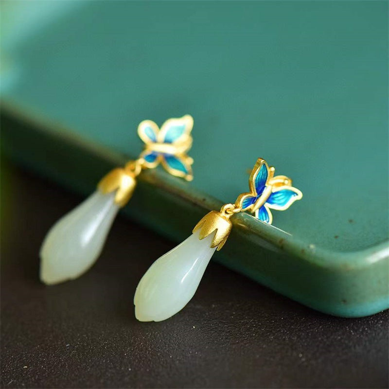 Wearsmartii Chinese-Style Retro Enamel Butterfly Stud Earrings - Vintage Chinoiserie Jewelry for Women