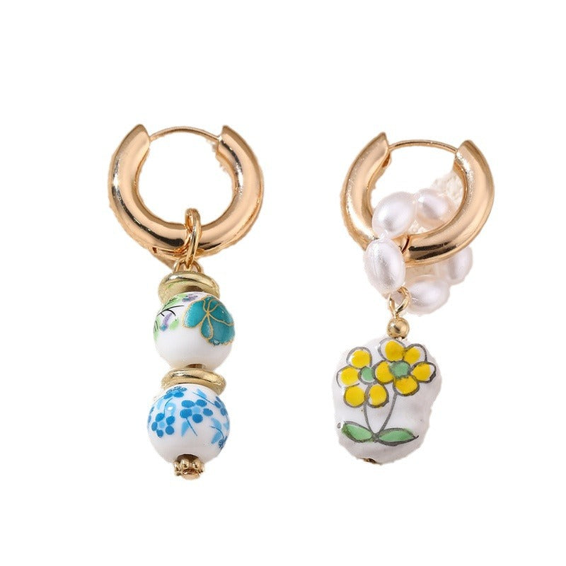 Wearsmartii Blue and White Porcelain Floral Pearl Earrings - Vintage Copper Clip-on Ear Clips